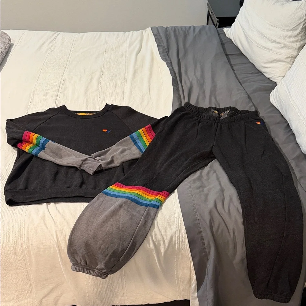 Aviator Nation Black Sweatshirt and sweatpants set with Rainbow Stripes - Picture 1 of 5
